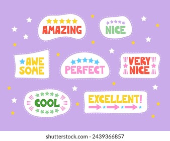 Awesome, amazing, nice, perfect, cool, excellent sticker set. Positive, inspirational, and praising lettering words and phrases to celebrate the school, educational, student, and work results