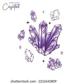 Awesome amethyst quartz crystall hand drawn illustration purple gemstone vector
