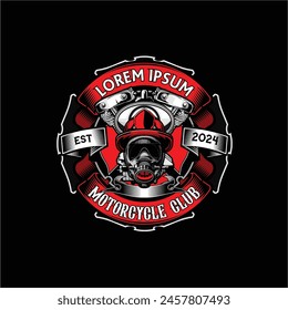 Awesome and badass Art illustration of a fire extinguisher gas mask with a v-twin engine. Very cool logo for a fire department building a motorcycle club.