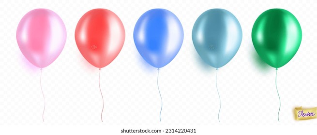 Un impresionante globo aislado en un fondo blanco. Plantillas de colección de globos de helio realistas. Verde, rosa, azul, plata, blanco, colores. Ilustración vectorial.