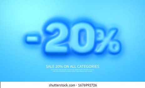 Awesome banner template with convex 20 percent symbol. Amazing blue banner for sale and discount. Vector illustration