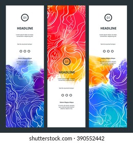 Awesome Banners with Colorful Splashes. Vector Watercolor Backgrounds. Abstract Holi Paint Design with Flowers. Festival Posters Concept.