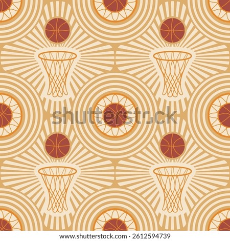 Awesome basketball seamless pattern with views hoops, in an art deco style and earthy warm golden colours. Great for presentation backgrounds, decor, themed party, gift wraps, stationeries, clothing, 