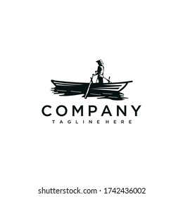 Awesome Black Boat Design With Man Fisherman Isolated Graphic