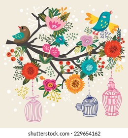 Awesome Blossom branch with birds and cages. Bright floral card. Spring and summer concept background. Bright illustration, can be used as invitation card. Vector floral  wallpaper.