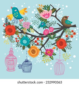 Awesome Blossom branch with birds and cages. Bright floral card. Spring and summer concept background. Bright illustration, can be used as invitation card. Vector floral wallpaper.