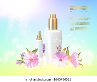 Awesome bouquet of chicory flowers and bottle, jar with a regenerate cream for your body. Skin shampoo cosmetics, plastic tube with vitamin complex for spa relax. Flower wreath on blue background.