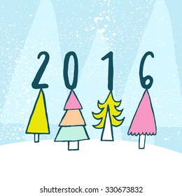 Awesome and bright 2016 New Year background with hand drawn fir trees. Cute Holiday illustration in bright colors. Christmas mood illustration.