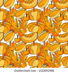 Awesome bright seamless thanksgiving day pattern. Pumpkin and leaves as signs of autumn coming.