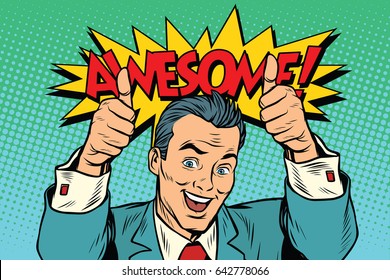 Awesome Businessman Two Like Gesture, Thumb Up. Pop Art Retro Vector Illustration Drawing