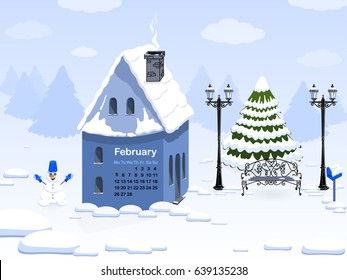 Awesome calendar 2018. February. Winter. Cute house cartoon with streetlights, bench and snowman. Vector. Isometric building.