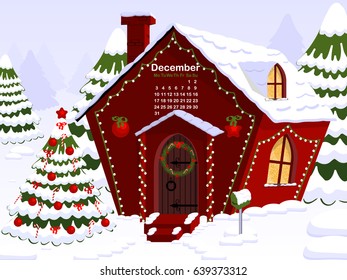 Awesome calendar 2018. January. Vector. Cute house cartoon with New Year decorations and Christmas tree. Winter. December. Isometric city. Frosted glass