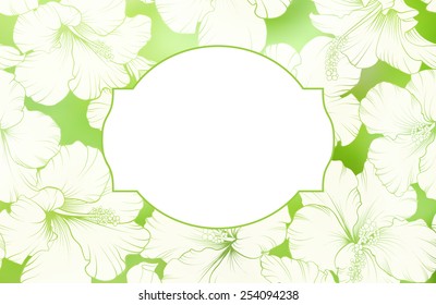 Awesome card background, the white exotic flowers and vintage frame over green backdrop.