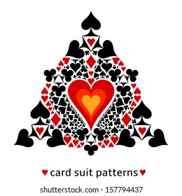 Awesome card suit pattern. Heart in the middle surrounded with all card suits. Illustration of gambling as a lifestyle.