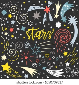 Awesome card vector space illustration with lettering, stars, comet and constellation on background. Perfect for your design. 