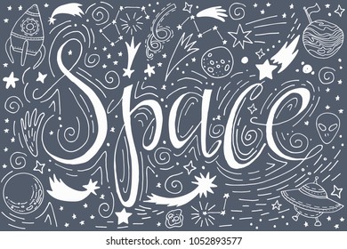 Awesome card vector space illustration with lettering and planets, moon, stars, comet, spaceship and other on background. Perfect for your design. 