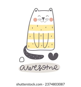 Awesome. cartoon cat, hand drawing lettering. colorful vector flat style illustration for kids. baby design for cards, prints, posters, cover