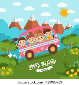 Awesome cartoon landscape with funny traveling kids in bus. Summer illustration with blue sky, mountains, green meadow, forest and flowers. Happy children on vacation.