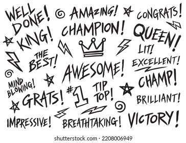 Awesome Celebration Congratulatory words. Positive words collection set. Vector Illustration.