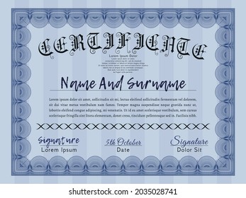 Awesome Certificate template.  Artistry design.  Printer friendly.  Vector illustration.  Blue color.