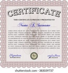 Awesome Certificate template. Award. Money Pattern. With great quality guilloche pattern. Red color.