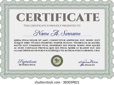 Awesome Certificate template. Award. Money Pattern. With great quality guilloche pattern. Green color.