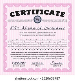 Awesome Certificate template.  Cordial design.  With background.  Vector illustration.  Pink color.