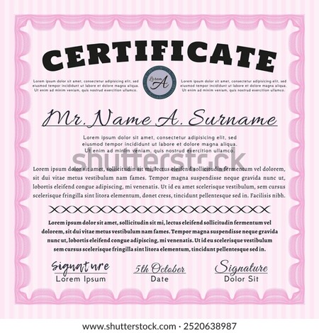 Awesome Certificate template.  Cordial design.  With background.  Vector illustration.  Pink color.