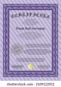 Awesome Certificate template.  Excellent design.  With background.  Vector illustration.  Violet color.