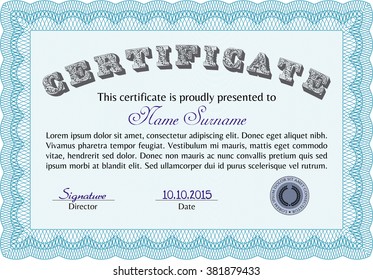 Impresionante plantilla de certificado. Con un patrón de guilloche de gran calidad. Premio. Patrón de dinero. Color azul claro.