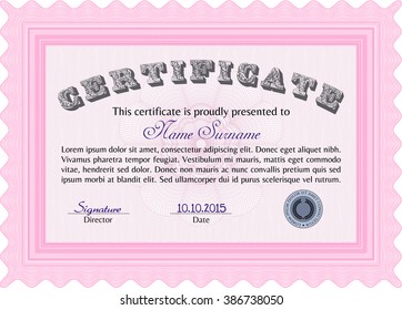 Awesome Certificate template. With great quality guilloche pattern. Money Pattern. Award. Pink color.