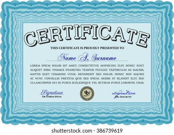 Awesome Certificate template. With great quality guilloche pattern. Award. Money Pattern. Light blue color.