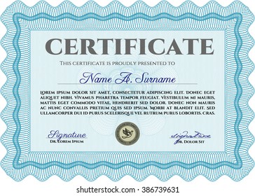 Impresionante plantilla de certificado. Con un patrón de guilloche de gran calidad. Premio. Patrón de dinero. Color azul claro.