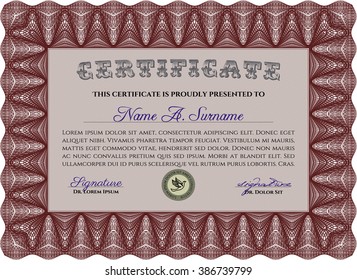 Awesome Certificate template. With great quality guilloche pattern. Award. Money Pattern. Red color.