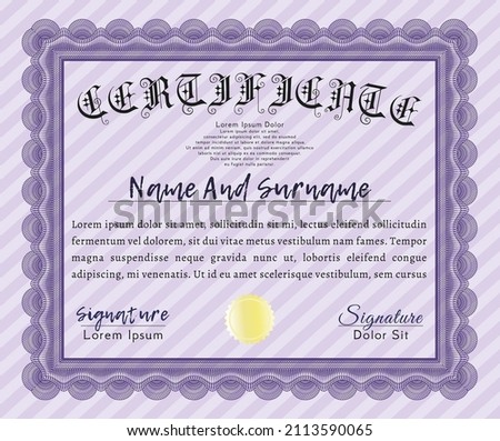 Awesome Certificate template.  Lovely design.  With guilloche pattern and background.    Violet color.