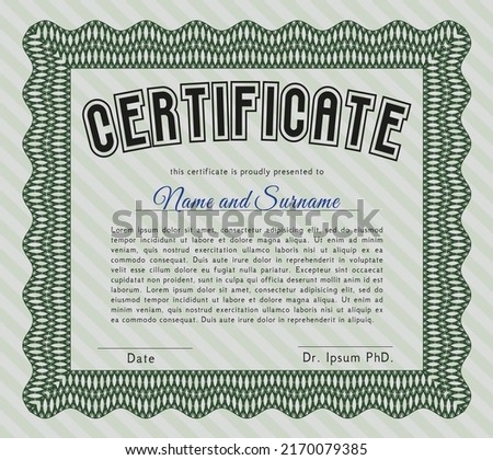 Awesome Certificate template.  Modern design.  With guilloche pattern and background.  Customizable, Easy to edit and change colors.  Green color.