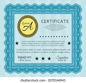 Awesome Certificate template.  Money Pattern design.  Complex background.    Light blue color.