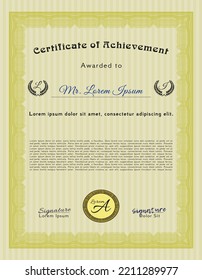 Awesome Certificate template.  Money Pattern design.  With guilloche pattern.  Detailed.  Yellow color.
