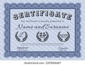 Impresionante plantilla de certificado.  Patrón de dinero.  Con fondo lineal.    Color azul.