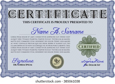 Impresionante plantilla de certificado. Patrón de dinero. Con un patrón de guilloche de gran calidad. Premio. Color azul.