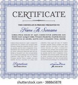 Impresionante plantilla de certificado. Patrón de dinero. Con un patrón de guilloche de gran calidad. Premio. Color azul.