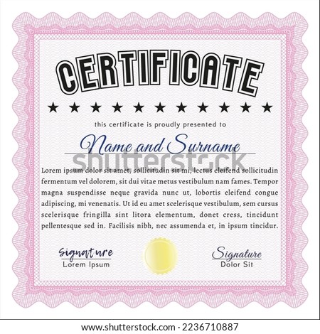Awesome Certificate template.  Money style design.  With great quality guilloche pattern.  Detailed.  Pink color.