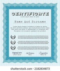 Impresionante plantilla de certificado.  Diseño perfecto.  Con fondo lineal.  Detallado.  Color azul claro.