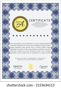 Awesome Certificate template.  Superior design.  With guilloche pattern.  Detailed.  Blue color.