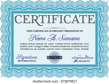 Impresionante plantilla de certificadoCon un gran patrón de guilloche de calidad. Premio. Patrón de dinero. Color azul claro.