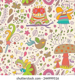 Wunderbares kindliches, nahtloses Muster mit Feen, Pilzen, Vögeln und Blumen. Frühlingsfloraler Vektorhintergrund kann für Musterfüllungen, Webseiten-Hintergründe, Oberflächenstrukturen verwendet werden