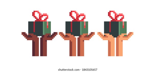 Awesome Christmas gift. 
Gifts from different nationalities. Pixel art style. Vector set of illustrations