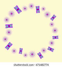 Awesome circular frame with abstract flowers and elements on light yellow background. 