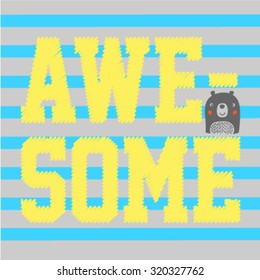 Awesome college typography on striped background. Cute animal mascot, T-shirt graphics design. Vector illustration