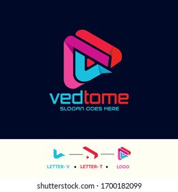 Awesome colorful  VT letter video music logo design. video play button. tingle music button 